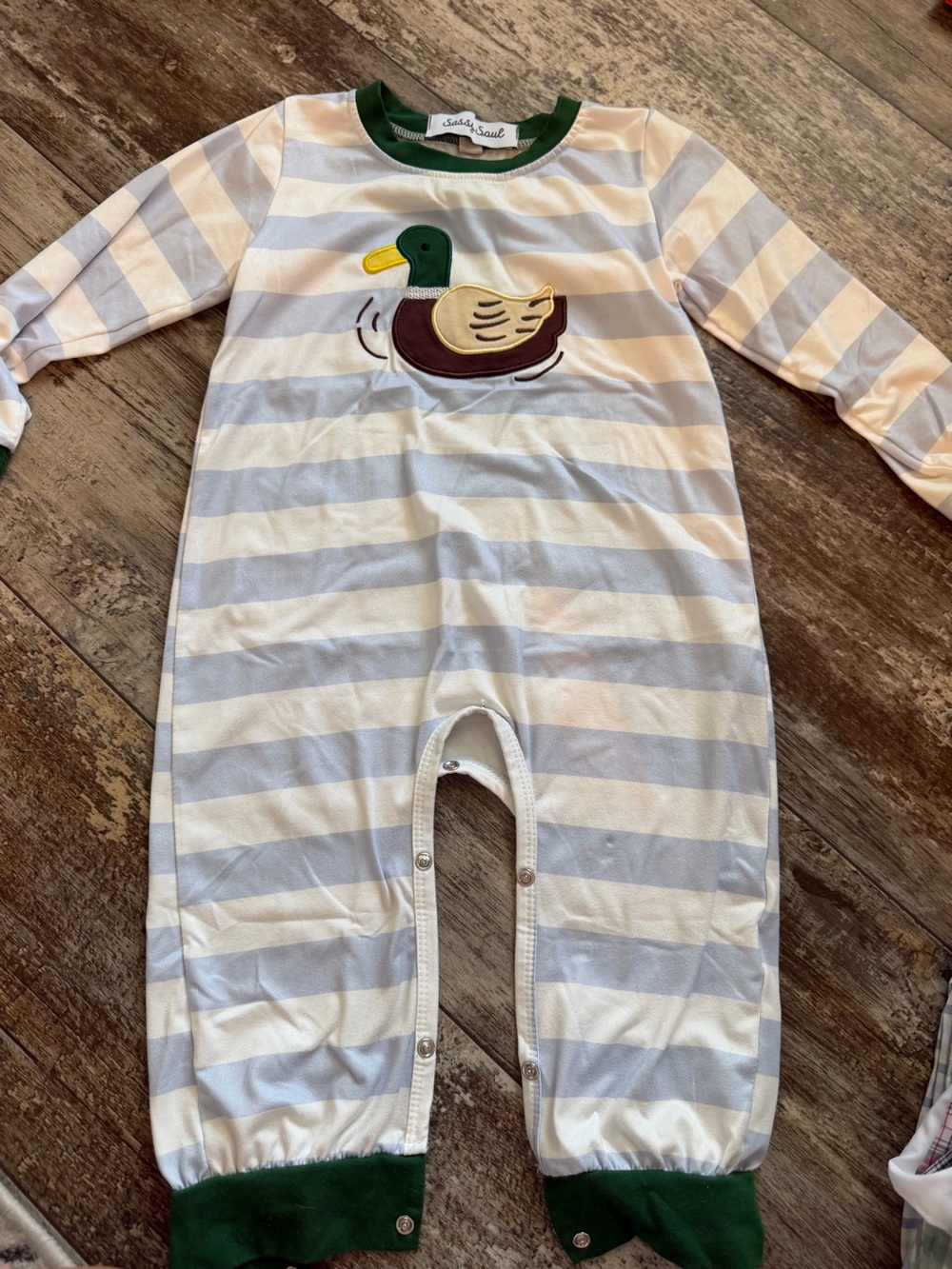 Striped Duck Appliqué Footie One-Piece - Green Trim